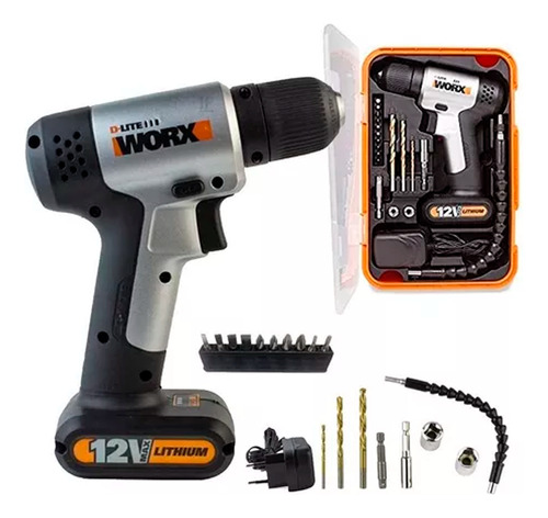 Furadeira/parafusadeira 12v 3/8'' Lítio Wx104.1 Worx + Kit