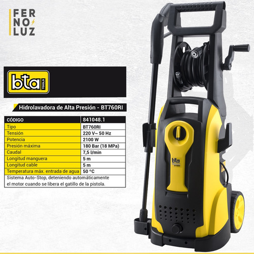 Hidrolavadora eléctrica Bta Tools BT760RI de 2100W con 180bar de presión máxima 220V