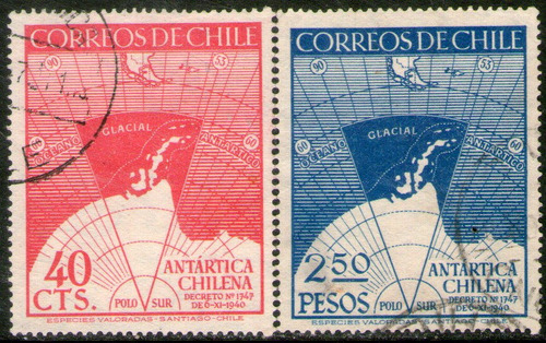 Chile Serie X2 Sellos Usados Mapa Antártida Chilena Año 1946
