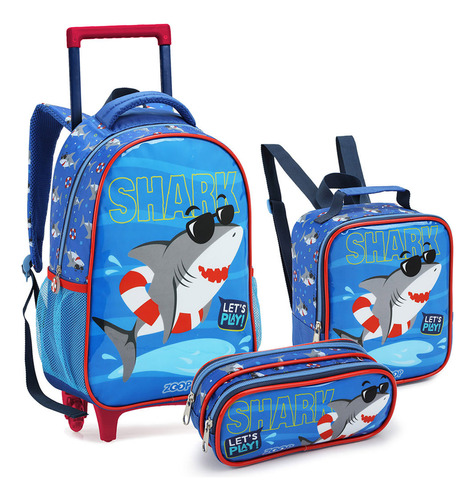 Kit Mochila Rodinhas Infantil Menino Zoop Tubarão Shark Fofo