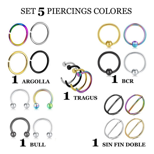 Set 5 Piercing Bcr Bull Tragus Sin Fin Acero Quirúrgico X5