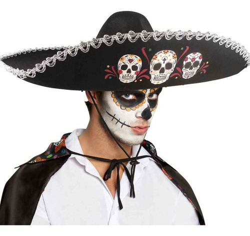 Chapéu Mexicano Sombrero Tequileiro Halloween Festa Mexicana Cor preto Com Caveira