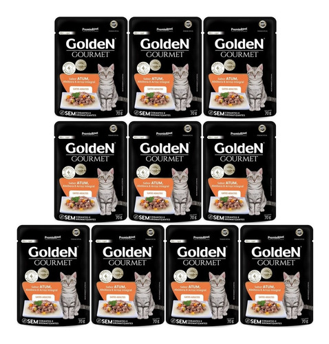 Kit 10 Unidades Sachê Golden Gourmet Atum Gato Adulto 70g