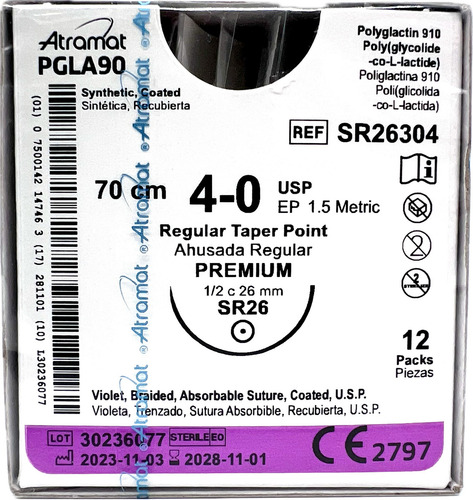 Sutura Pgla90 (vicryl) 4-0. Ref: Sr26304. C/12 Pz. Atramat