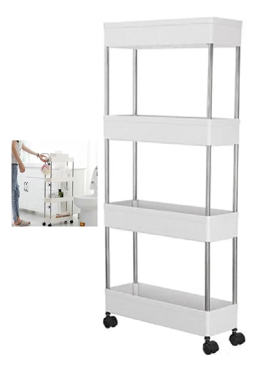 Carrinho Organizador Branco 4 Andares Leva Pra Casa Rodinhas 360º Polipropileno Inox