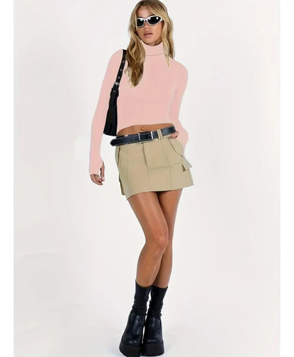 Top Liso De Poliéster Spandex Con Cuello Alto Y Cuello Alto