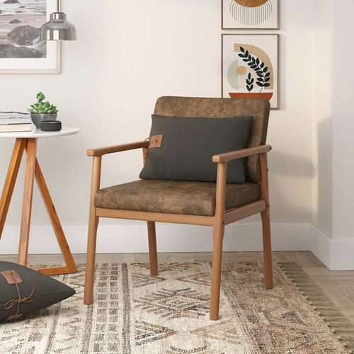 Poltrona Up Com Base De Madeira Nobuck Marrom