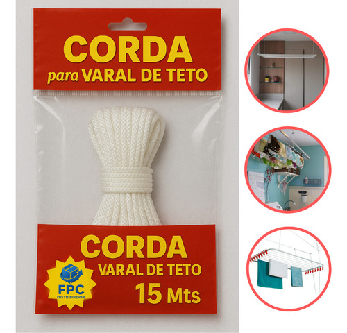 Corda De Varal Teto Reposição 15mt + Resistente 3mm Cor Branca Fpc Distribuidor