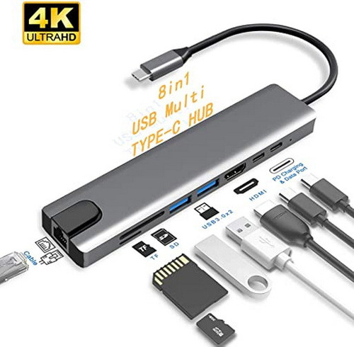 Adaptador Hub 8 En 1 Usb Tipo C A Etherneth Usb 3.0 Hdmi 4k 