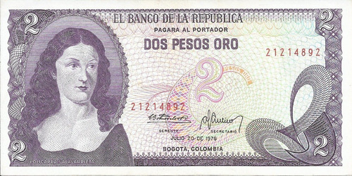 Colombia  2 Pesos Oro 20 De Julio 1976