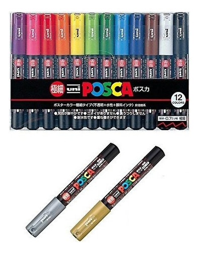 Marcadores Uniposca Punta Extra Fina Impermeable 12 Colores