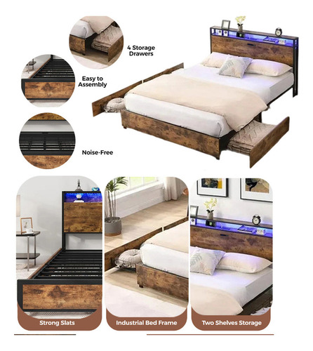 Base Cama Matrimonial Con Cajones Led Y Usb Full Base Marrón