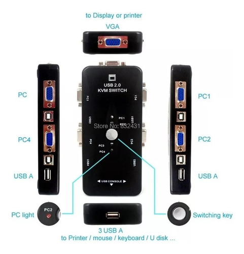 Imagen 4 de 10 de Switch Kvm 4 Puertos Usb 2.0 Monitor Teclado Mouse Impresora