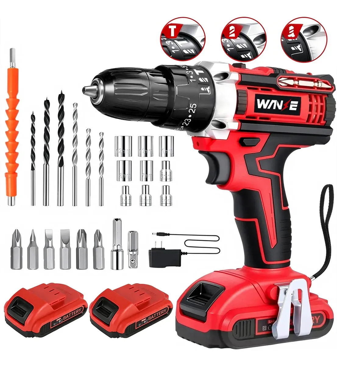 Kit Desatornillardor Electrico Taladro Atornillador Inalámbrico 2 Batería Wanse Rojo