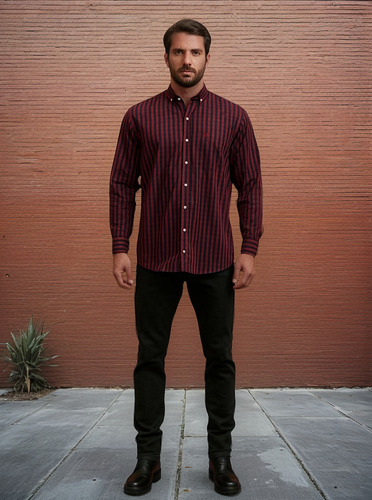 Camisa Listrada Vermelho E Azul Para Homem Usar No Outono