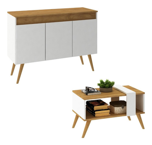 Buffet Cómoda 3 Puertas Mesa De Centro Blanco Patas Madera