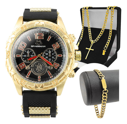 Relogio Masculino Dourado + Pulseira + Cordão Crucifixo