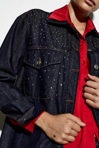 Campera De Jean Oscuro Con Brillos De Mujer Tendencia