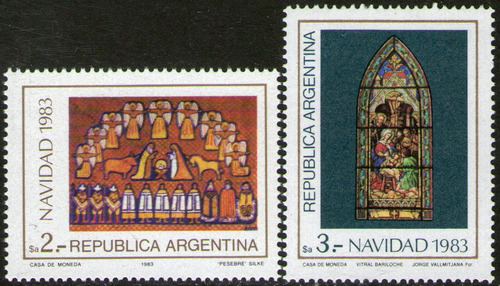Argentina X 2 Sellos Navidad 1983 Pesebre = Vitral = Tapiz