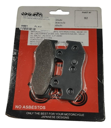 Balatas Disco Fa92 (hon Cr125/250 Xr250/600 Atc25) (w981)