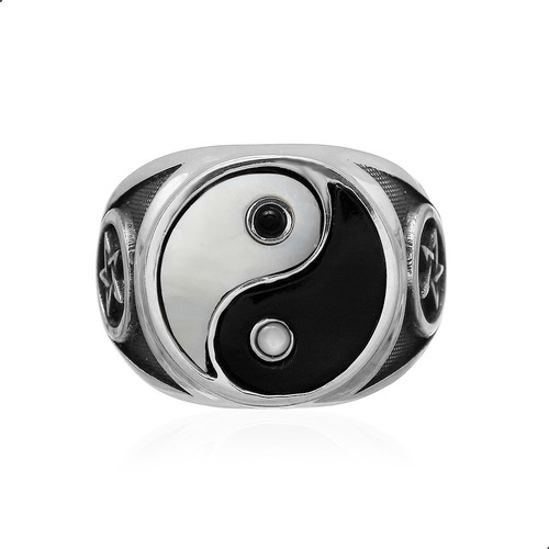 Imagem 1 de 6 de Anel Tao Yng Yang Madreperola Onix Natural Prata Fp 11063501
