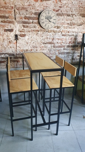 Mesa Barra Desayunador Industrial 120x40 + 4 Taburetes 36x36
