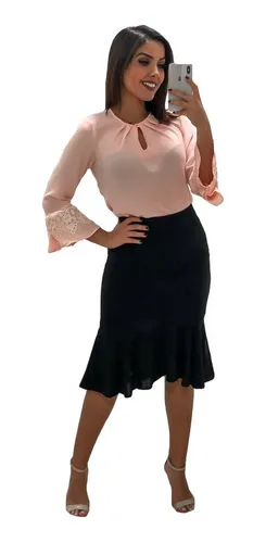 Camisa Feminina Manga Longa 3 4 Moda Evang lica Barata Crepe