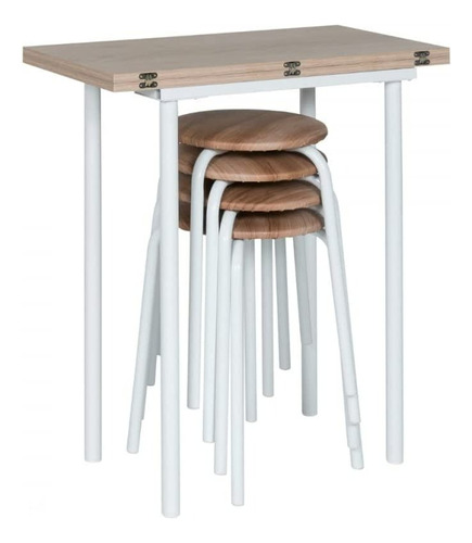 Mesa Dobravel Portatil + 4 Banquetas P/ Cozinha Jantar Jogos Cor Branco Desenho Do Tecido Das Cadeiras Marrom