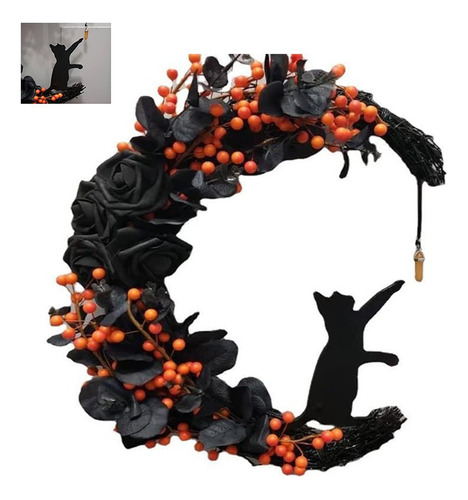 Corona De Luna De Gato Negro De Halloween Para Puerta De Ent