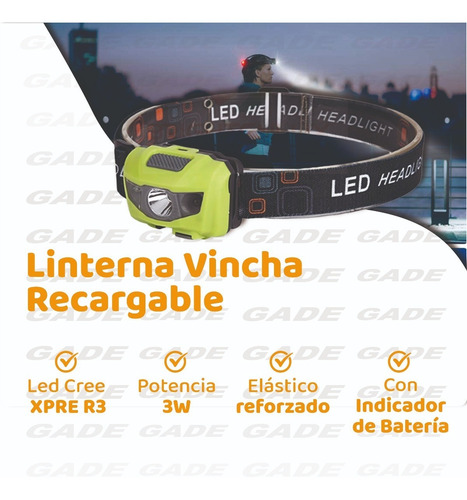 Imagen 2 de 9 de Linterna Minero Led Cabeza Vincha Recargable Cree Jieli