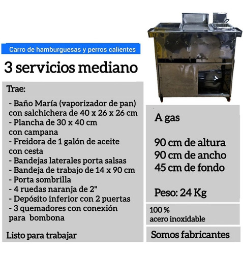 Imagen 5 de 5 de Carro De Perro Caliente Y Hamburguesa 3s Medino A Gas.