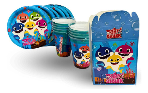 Kit Platos, Vasos, Dulceros 40 Invitados Personajes Baby Shark