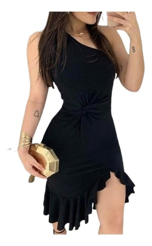 Midi Vestido Largo Un Hombro Slim Vestido Sin Mangas Cadera