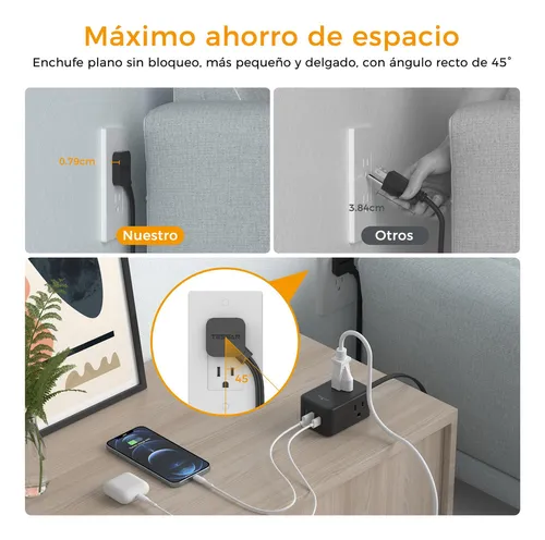 Multiple Enchufe Plano Con 1.5m 3 Salidas Ca Y 2 Puertos Usb