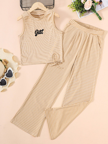 Conjunto De Pantalones Y Camiseta Sin Mangas A Rayas Con Let