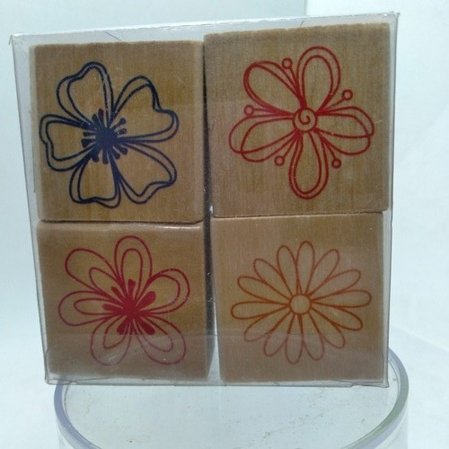 Pack 4 Sellos De Madera Cuadrados Flores Plantas 4x4 