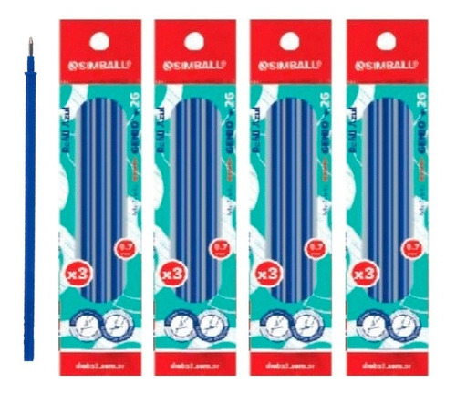 12 Repuesto Roller Gel Borrable Simball Genio 2g Azul