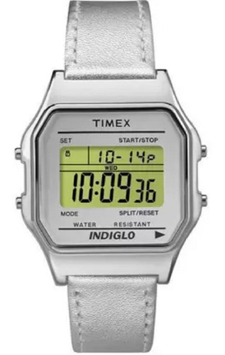 Reloj digital de piel Timex TW2P76800ww/n para mujer, correa retro, color plateado y bisel plateado