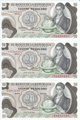 Colombia Trío Números Consecutivo, 20 Pesos 20 Julio 1975