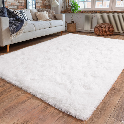 Alfombra Moderna Blanca Pelo Largo Dormitorio Mmg