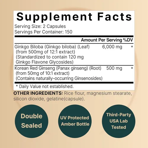 Naturebell Ginkgo Biloba 6000mg +panax Ginseng 500mg 300caps