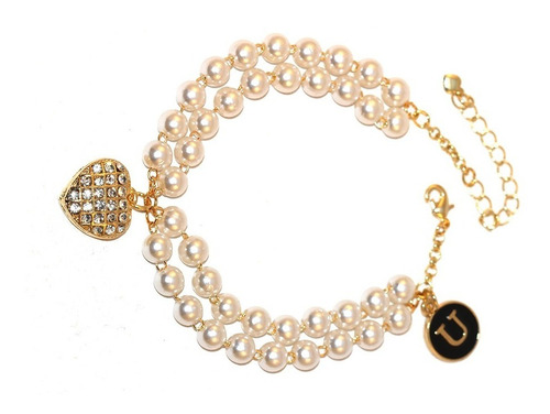 Pulseira Perolas Coração Madrinhas Folheado A Ouro 18k