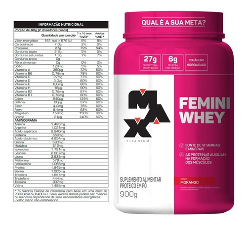 Suplemento Femini Whey Max Titanium Sabor Morango 900g