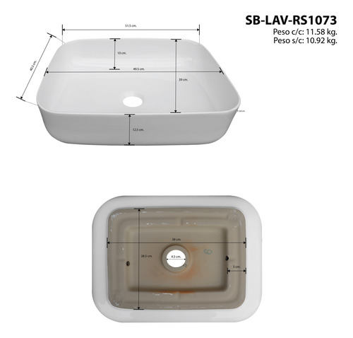 Lux Sany 1073 Lavabo Cerámico Blanco Rectangular Sobreponer