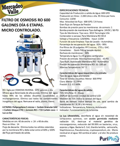 Filtro De Agua Osmosis Inversa 600 Galones Dia 6 Etapas