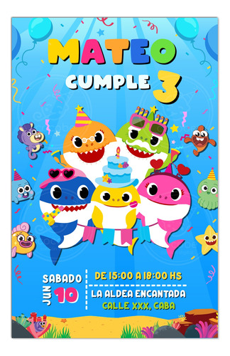 Invitación Digital Cumpleaños Baby Shark Tiburón Bebé