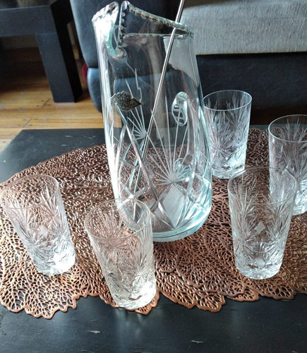 Jarra De Cristal Tallado C/ Mezclador Y 5 Vasos