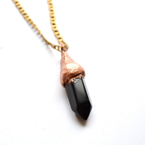 Imagen 1 de 7 de Collar Pendulo De Obsidiana Negra, Cadena Bronce, Cod1