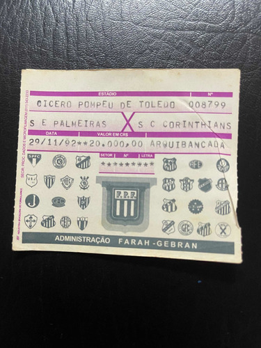Ingresso Campeonato Paulista 1992 - Palmeiras X Corinthians