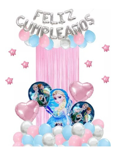 Combo De Globos Frozen Metalizados Cortina Cumpleaños Deco